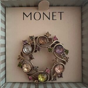 Vintage 1980’s Gold Tone Rainbow Wreath Circle Pastel Rhinestone Monet Brooch